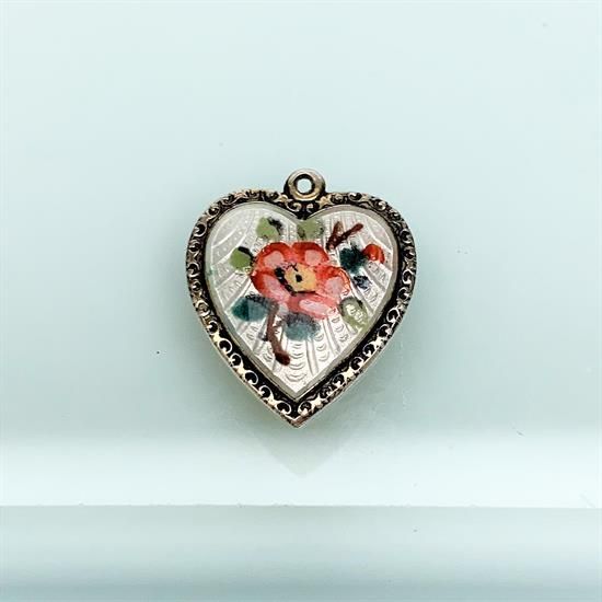 Picture of Vintage David Andersen, Norway Sterling Silver & Guilloche Enameled Heart Charm With Hand Painted Wild Rose