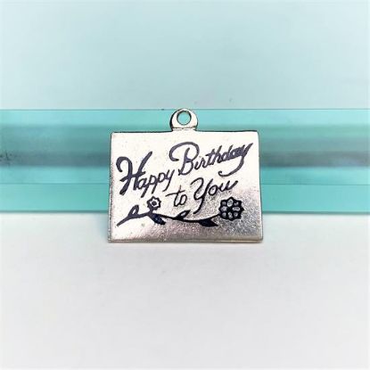 Picture of Vintage Sterling Silver & Blue Enameled 'Happy Birthday To You' Charm With Flower