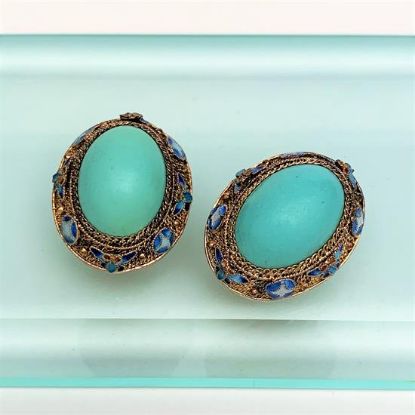 Picture of 1940'S Gilt Chinese Export Sterling Silver, Enamel & Turquoise Clip-On Earrings