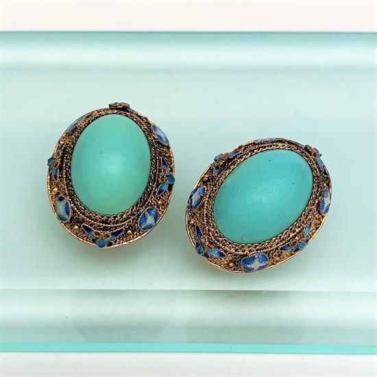 Picture of 1940'S Gilt Chinese Export Sterling Silver, Enamel & Turquoise Clip-On Earrings