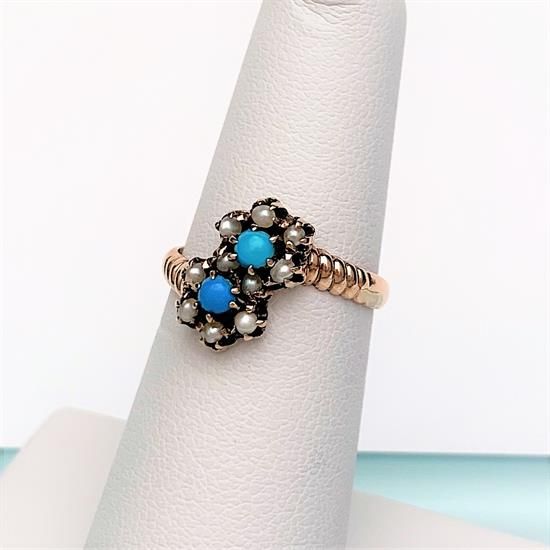 Picture of Victorian Era 10K Gold, Turquoise & Natural Seed Pearl Flower Ring