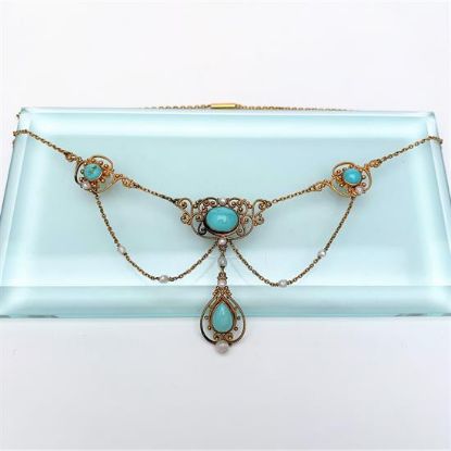 Picture of Victorian Era 14K Gold, Turquoise & Freshwater Pearl Chandelier Necklace