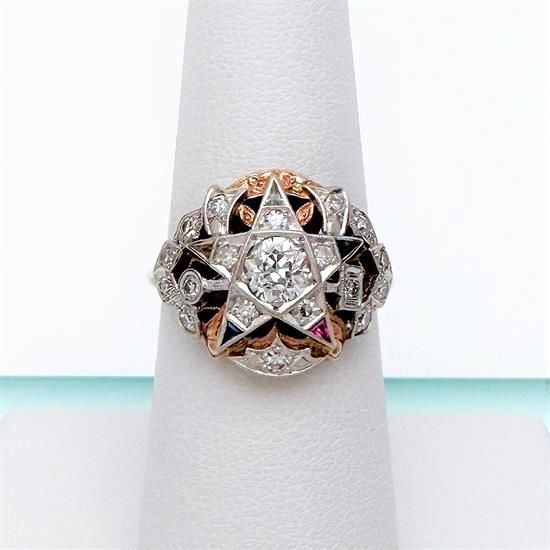 Picture of 1930'S Era Two-Tone Gold, Old European Cut Diamond & Gemstone Order Of The Eastern Star Ring