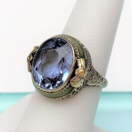 Picture of Art Deco Era 14K White Gold Filigree With Gold Accents, Green Enamel & Synthetic Spinel Ring
