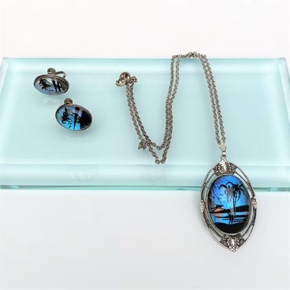 Picture of Art Deco Era Sterling Silver, Reverse Painted Glass & Butterfly Wing Necklace & Earring Set By Hoffman