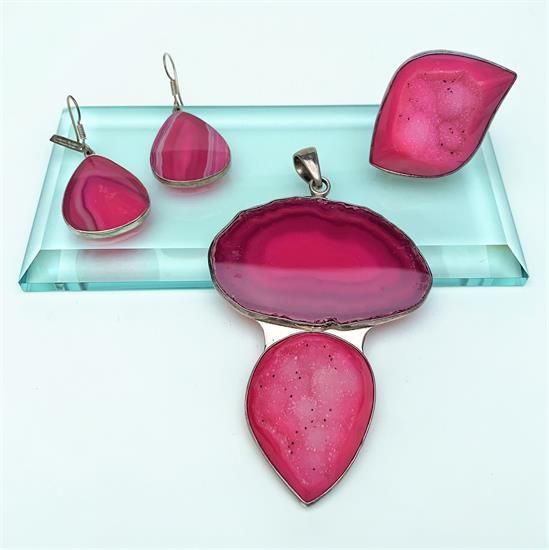 Picture of Charles Albert Sterling Silver & Hot Pink Agate Slice & Druzy Jewelry Set