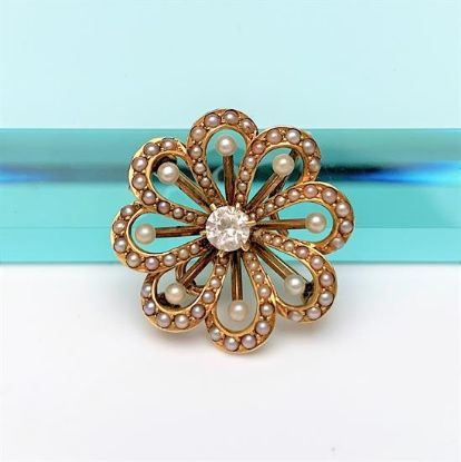 Picture of Victorian Era 14K Gold, Natural Seed Pearl & Paste Flower Brooch/Pendant