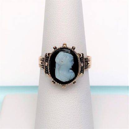 Picture of Victorian Era 9K Gold & Hard Stone (Agate) Cameo Ring Featuring Woman In Medieval Head Gear