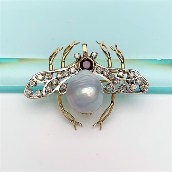 Picture of 18K Yellow & White Gold, Cultured Pearl, Ruby & Diamond Bee/Insect Brooch