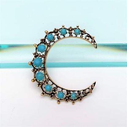 Picture of Antique Victorian/Edwardian Era 10K Gold & Turquoise Cabochon Crescent Moon Brooch/Pendant