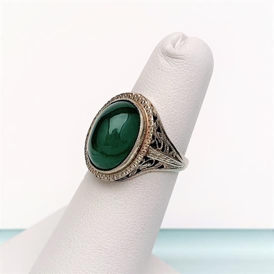 Picture of Art Deco Era 14K White Gold Filigree & Chrysoprase Ring