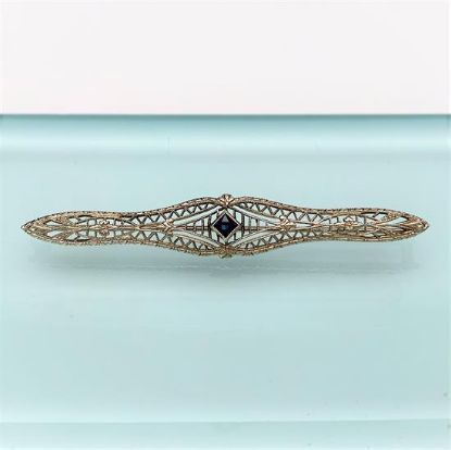 Picture of Art Deco Era 10K White Gold Filigree & Synthetic Sapphire Bar Brooch