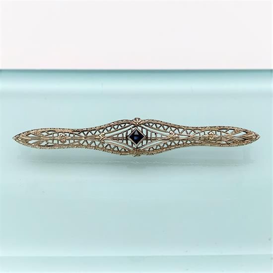 Picture of Art Deco Era 10K White Gold Filigree & Synthetic Sapphire Bar Brooch