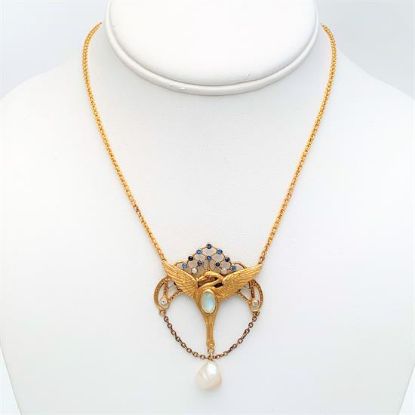 Picture of Rare Art Nouveau 14K Gold, Sapphire, Diamond, Moonstone & Freshwater Pearl Bird Shaped Necklace