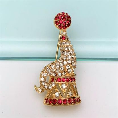 Picture of Vintage Napier Pave Circus Seal With Ball Brooch In Red & Clear Rhinestones