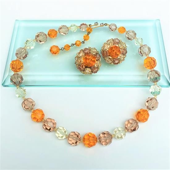 Picture of 1950'S Marvella Orange, Yellow & Topaz Crystal Necklace & Clip-On Earring Set