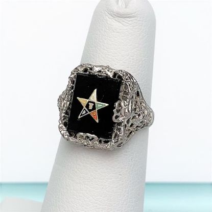 Picture of Art Deco Era 10K White Gold Filigree, Black Onyx & Enamel Order Of The Eastern Star Ring