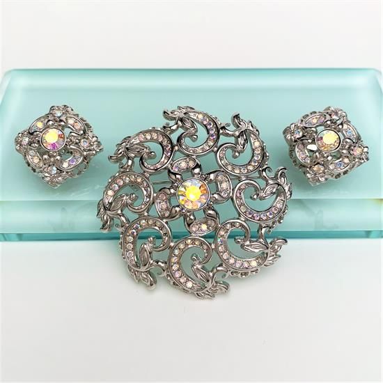 Picture of Rare 1997 Trifari Aurora Borealis In Silver-Tone Metal Brooch & Clip-On Earrings Set