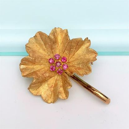 Picture of Vintage 18K Italian Gold Leaf Brooch With Six 2Mm Pink Sapphires