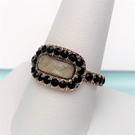 Picture of Antique Georgian Era 6K Gold, Black Melanite Garnet & Hair Mourning Ring