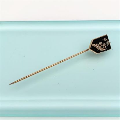 Picture of Victorian Era 10K, Jet & Seed Pearl Mourning Stick Pin With Lily Of The Valley Motif