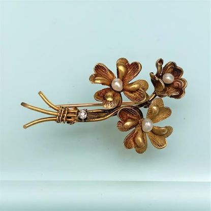 Picture of Victorian Era 14K Gold, Natural Seed Pearl & Diamond Flower Bouquet Brooch