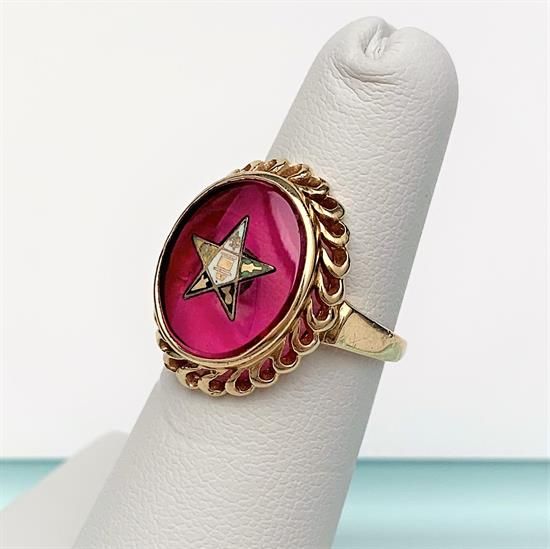 Picture of Vintage 14K Gold, Simulated Ruby & Enamel Order Of The Eastern Star Ring