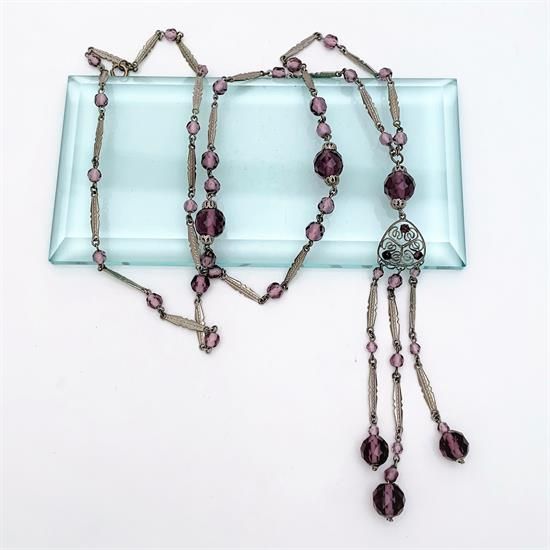 Picture of 1920'S-1930'S Rhodium Plated Filigree & Amethyst Czech Glass Flapper Style Necklace