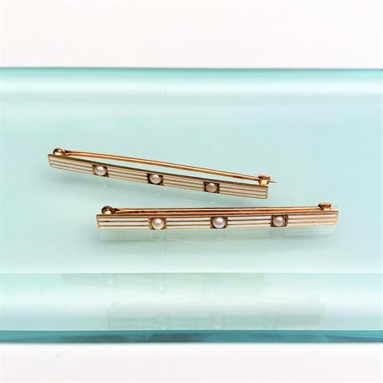 Picture of Edwardian Era Pair Of 14K Yellow Gold, Seed Pearl & White Enamel Bar Brooches