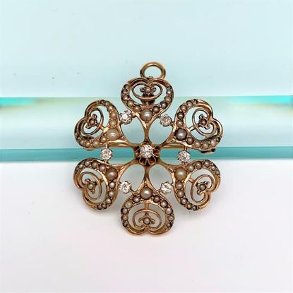 Picture of Victorian/Edwardian Era 14K Gold, Diamond & Natural Seed Pearl Flower Brooch/Pendant