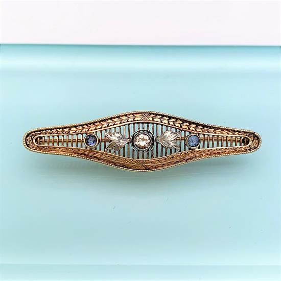 Picture of Edwardian Era 14K Yellow & White Gold, Old European Cut Diamond & Montana Sapphire Bar Brooch