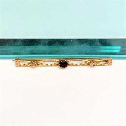 Picture of Late Edwardian Era 10K Yellow Gold, Seed Pearl & Garnet Bar Brooch by Ostby Barton