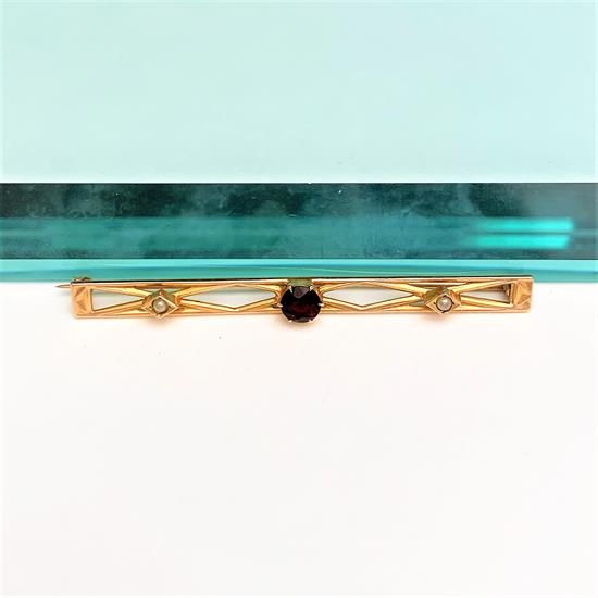 Picture of Late Edwardian Era 10K Yellow Gold, Seed Pearl & Garnet Bar Brooch by Ostby Barton