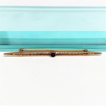 Picture of Victorian Era 10K Rose Gold Filigree Bar Brooch With Sapphire Center