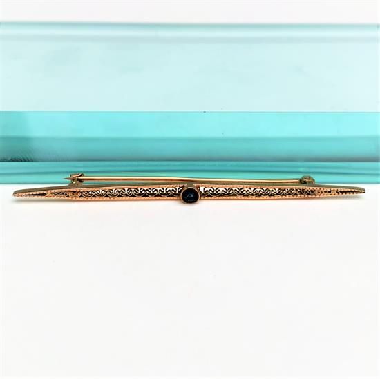 Picture of Victorian Era 10K Rose Gold Filigree Bar Brooch With Sapphire Center