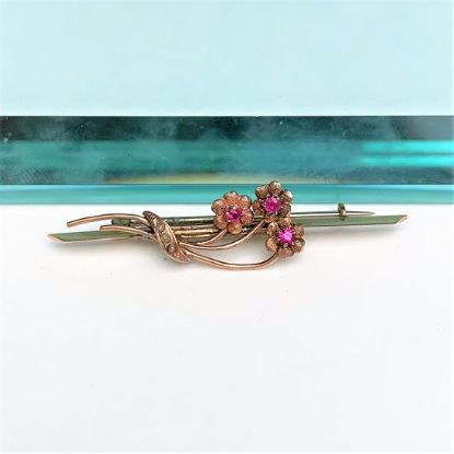 Picture of Victorian Era 10K Rose Gold, Ruby & Seed Pearl Bar Brooch With Flowers