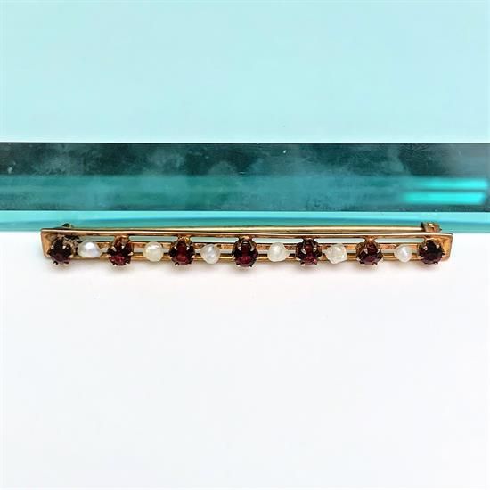 Picture of Victorian Era 10K Yellow Gold, Freshwater Pearl & Garnet Bar Brooch by Ostby Barton