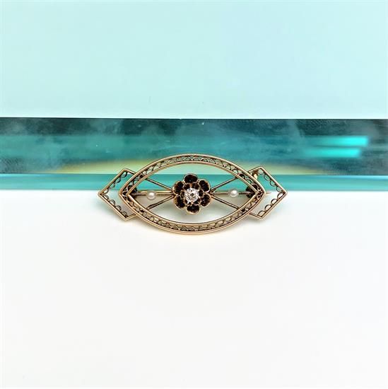 Picture of Victorian Era 14K Yellow Gold Filigree, Diamond & Seed Pearl Brooch