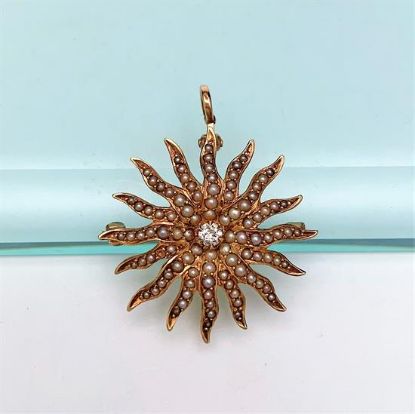 Picture of Victorian Era 14K Yellow Gold, Seed Pearl & Diamond Sun/Starburst Brooch/Pendant