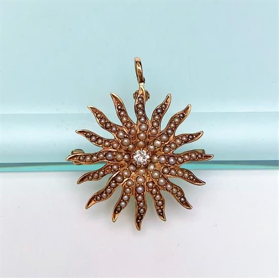 Picture of Victorian Era 14K Yellow Gold, Seed Pearl & Diamond Sun/Starburst Brooch/Pendant