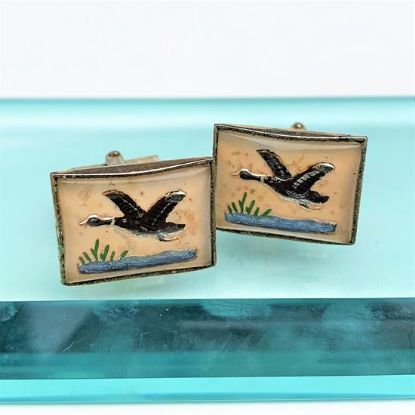 Picture of Vintage Reverse Carved & Painted Intaglio Cufflinks With Ducks Over Lake