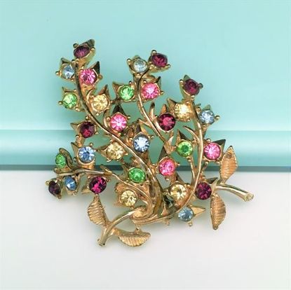 Picture of Vintage Signed Coro Golden Branching Leaves Brooch With Multicolored Rhinestones