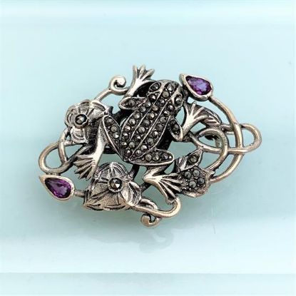Picture of Vintage Sterling Silver Frog On Lily Pads Brooch With Marcasites And Amethysts