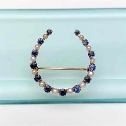 Picture of Victorian Era 14K Gold, Cultured Pearl & Blue Stone (Sapphire?) Lucky Horseshoe Brooch