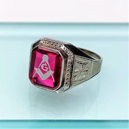 Picture of Vintage 14K White Gold & Synthetic Ruby Men's Freemason Ring