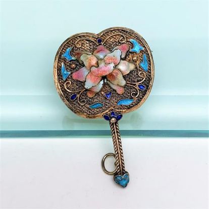 Picture of Vintage Gilt Chinese Export Silver Fan Brooch/Pendant With Enameled Lotus Motif