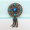 Picture of Vintage Hobe Gilt Brass & Blue & Green Rhinestone Brooch/Pendant With Tassels
