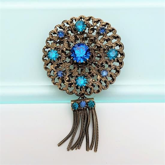 Picture of Vintage Hobe Gilt Brass & Blue & Green Rhinestone Brooch/Pendant With Tassels
