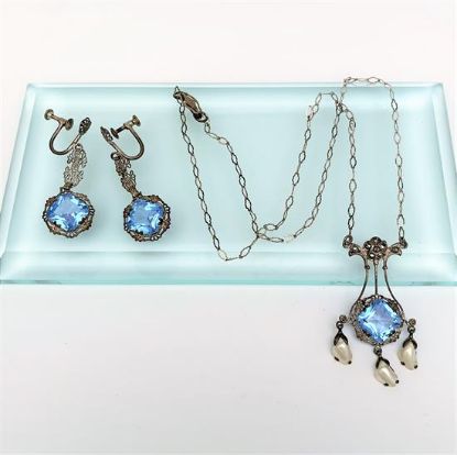 Picture of Art Deco Era Sterling Silver, Czech Glass & Pearl Lavalier Necklace & Screw Back Earring Set