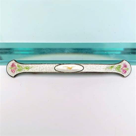 Picture of Art Deco Era Thomae Company Sterling Silver & Guilloche Enameled Bar Brooch With Gold Bird